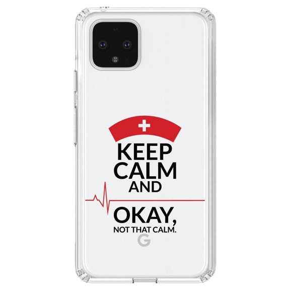 DistinctInk Clear Shockproof Hybrid Case for Google Pixel 4 (6.1" Screen) - TPU Bumper Acrylic Back Tempered Glass Screen Protector - Keep Calm, Not That Calm - Nurse Flatline