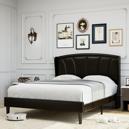 Homfa Full Size Platform Bed Frame  PU Faux Leather Scallop Shape Upholstered Headboard with Wing-back  Black Brown