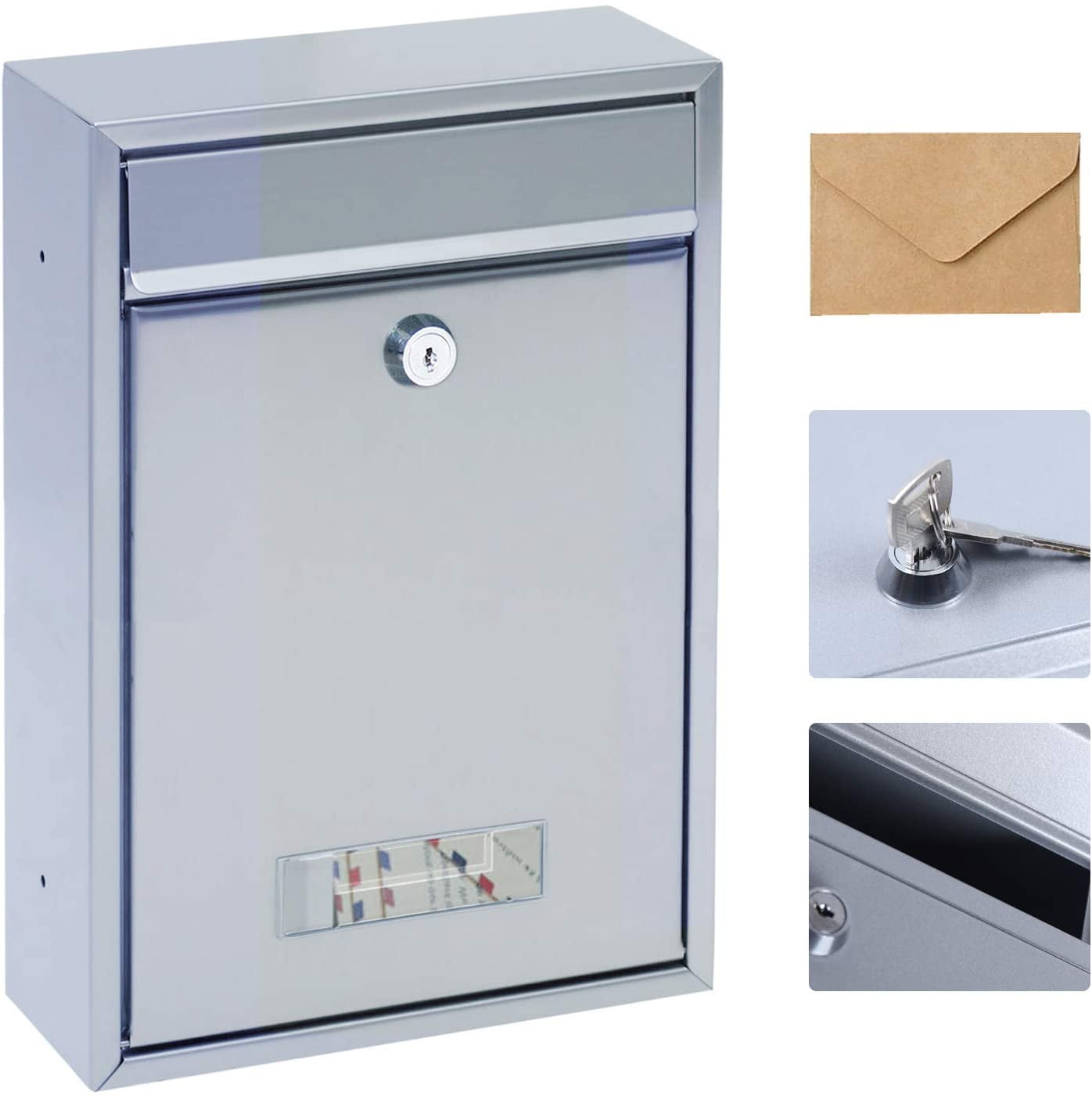 Metel Mail Boxes, Wall Mount Mailbox Square Metal Newspaper Inbox Lockable Large Capacity Mailbox with 2 Keys Silver (8.38“ * 3.35” * 12.59“)
