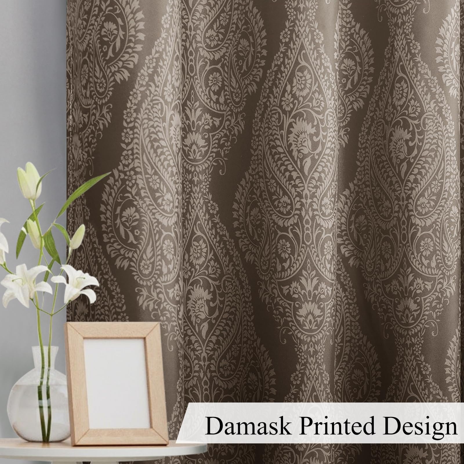 DWCN Ombre Blackout Curtains–Damask Patterned Thermal Insulated Noise Reducing Grommet Curtains for Bedroom Living Room, 52 x 63 Inches, Set of 2 Panels with Tiebacks, Brown