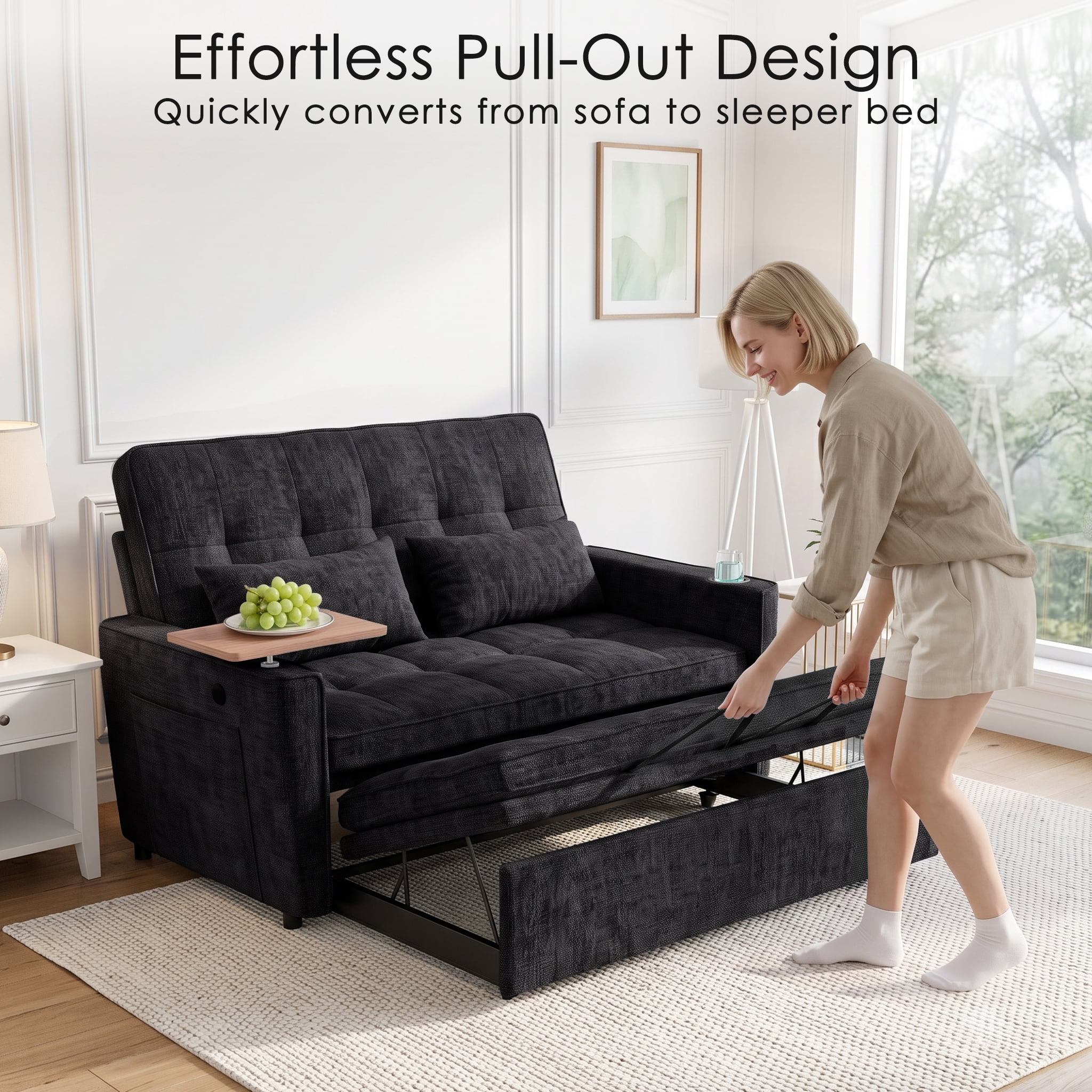AISWORD 54" Convertible Pull Out Sleeper Sofa Bed, Chenille Loveseat Couch with USB Port, Side Tray Table, Cup Holder, Storage Pockets & Adjustable Backrest for Small Spaces, Black