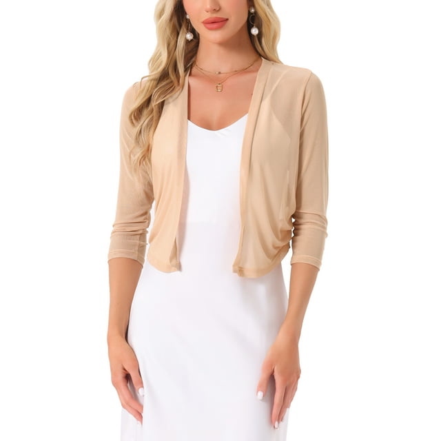 BOLERO TRANSPARENTE CHIC para el Día de la Madre, Shrugs de Mujer, Manga 3/4, Ligero, Elegante, Cárdigan Corto, XS, Caqui