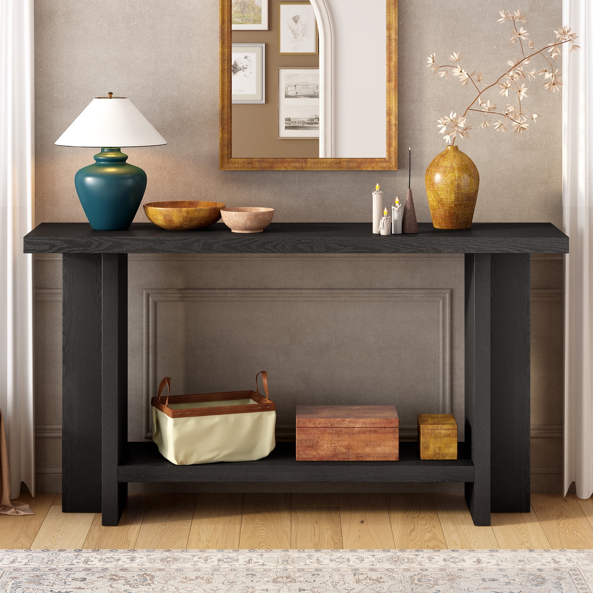Euroco 60" Retro Console Table, Solid Wood Entryway Table with T-Leg and Open Style Shelf, Sofa Wall Table for Living Room, Entrance,Black