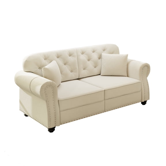 63"Upholstered Velvet Sofa With Nailhead Trim And Rolled Armrests,Mid-Century Modern Chesterfield Sofa With Button Tufted,Includes 2 Pillows,Beige/White