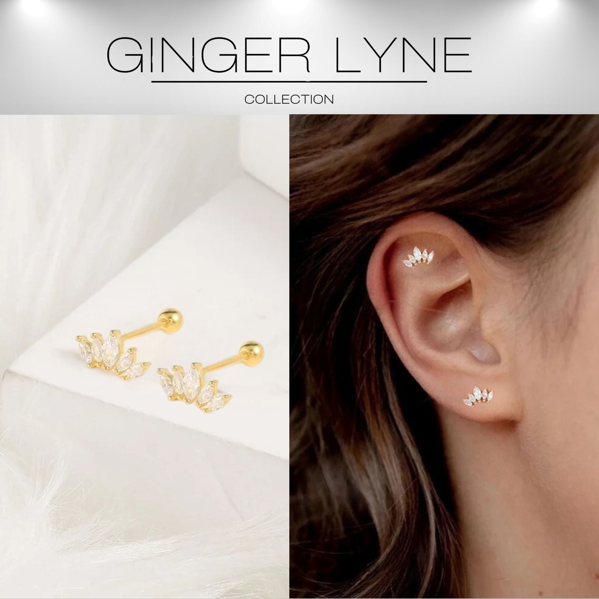 Marquise CZ Flat Back Earrings for Cartilage Helix Tragus Lobe 18g 6mm Post Sterling Silver 1 pair by Ginger Lyne