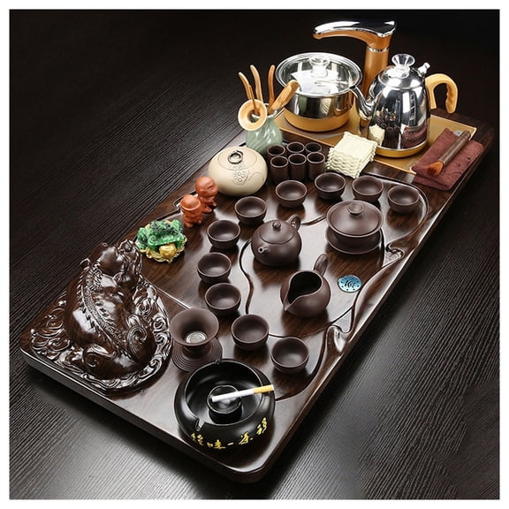 Chinese Ceramic Kung Fu Tea Set With Wooden Tea Tray And Small Tea Tools, Fully Automatic Water Heater,Tea Cup Tea Service, With Tray Bamboo Tea Tray Gongfu Tea Tray ,Toy For Gift Office Home Use