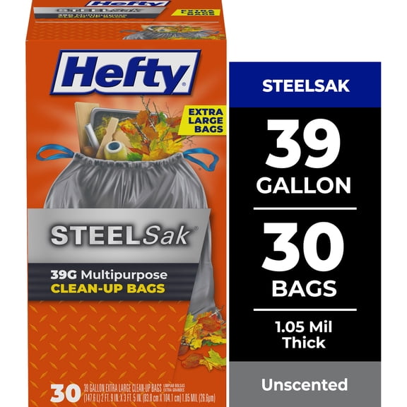 Hefty Steelsak Heavy Duty Large Trash Bags, Gray, Unscented, 39 Gallon, 30 Count