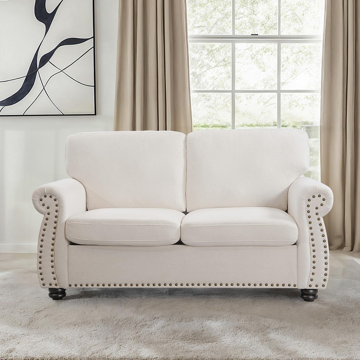 US Pride Furniture 65 in. Wide Rolled Arm Velvet Modern Rectangle Loveseat in Ivory For Home