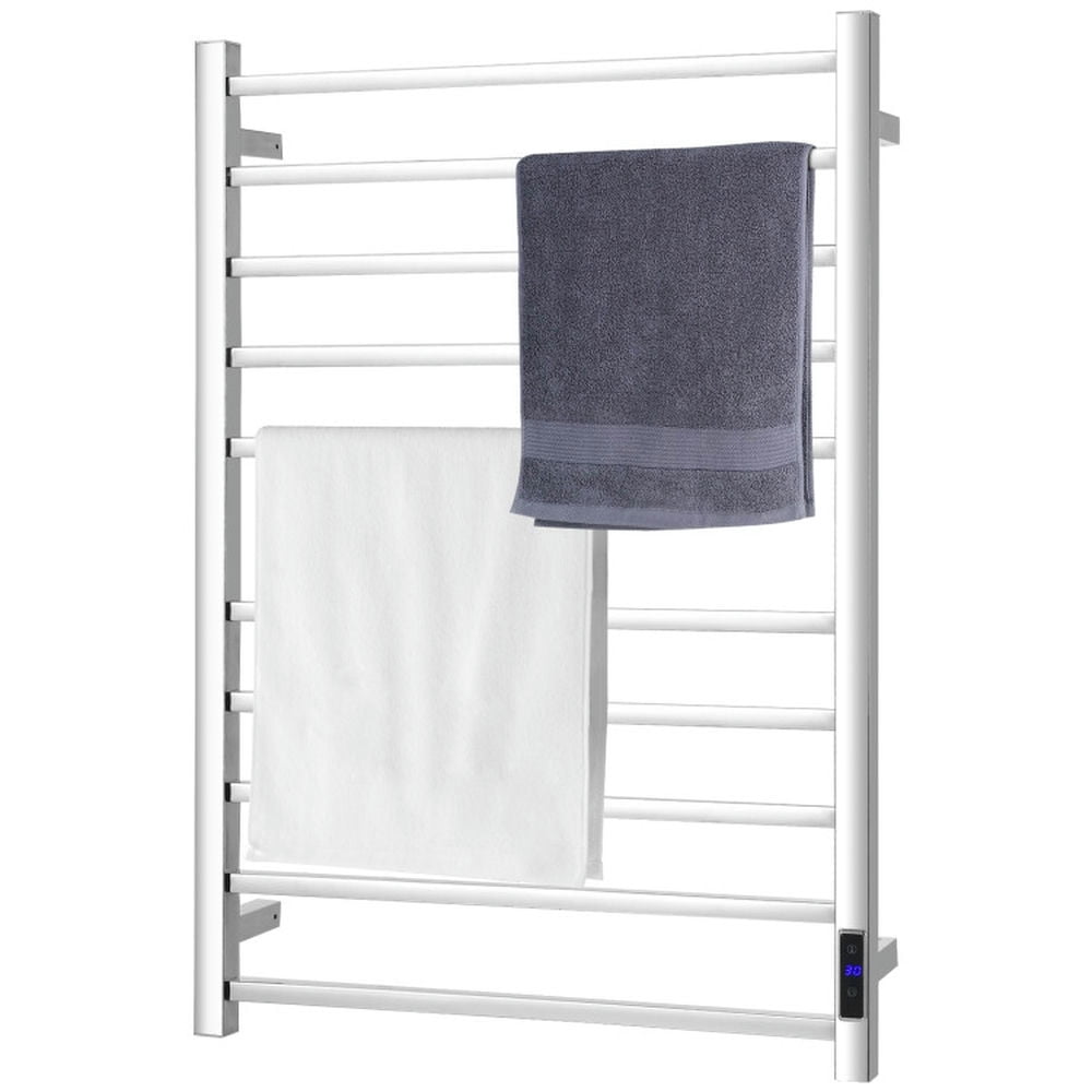 Finihen Wall Mounted Towel Rack, Electric Heated Towel Rack, 10 Bar Towel Warmer Wall Mounted Electric Heated Towel Rack with Built-in Timer, for Bathroom, laundry Room, Silver