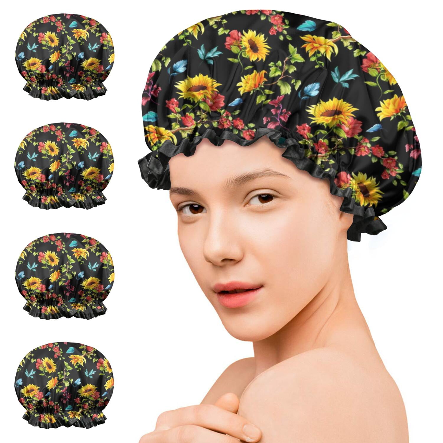 Shower Caps,Black Colorful Flower Sunflower Pattern Waterproof Shower Cap for Women 4 Pieces,Double Reusable Hair Cover for Shower PEVA Elastic Stretch Hem