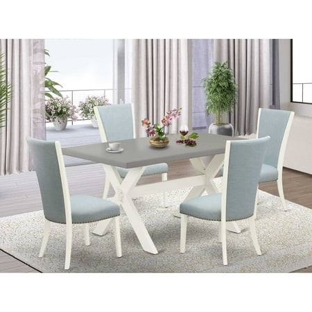 East West Furniture X096VE215-5 5 Piece Dining Table Set – 4 Baby Blue Linen Fabric Parson Dining Chairs with Nailheads and Cement Wooden Dining Table – Linen White Finish