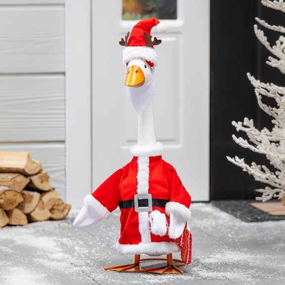Evergreen Porch Goose Outfit for Giddy the Goose, Mr. Claus Decorative Clothes Costume for 21" Garden Geesse Statues, Seasonal Home Dcor