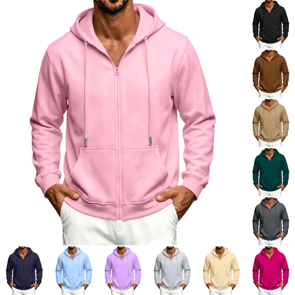 Zip Up Hoodies for Men Fashion Fleece Long Sleeve Hooded Sweat Shirts Winter Casual Thermal Classic Fit Drawstring Hoodies Pink 2XL