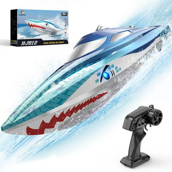 DEERC High Speed RC Racing Boat W/Shark Graffiti, 20+ MPH, Fast Remote Control Boat W/LED Lights for Pools and Lakes, 2.4Ghz RC Shark Toy for Kids & A