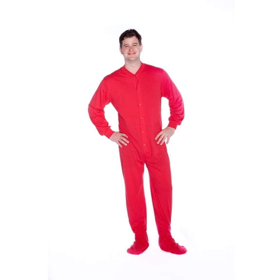 Big Feet PJs Red Cotton Jersey Knit Adult Footed Sleeper Pajamas, Unisex, Snap Front, Non-Skid Soles, Machine Washable, Sizes XS-XXL