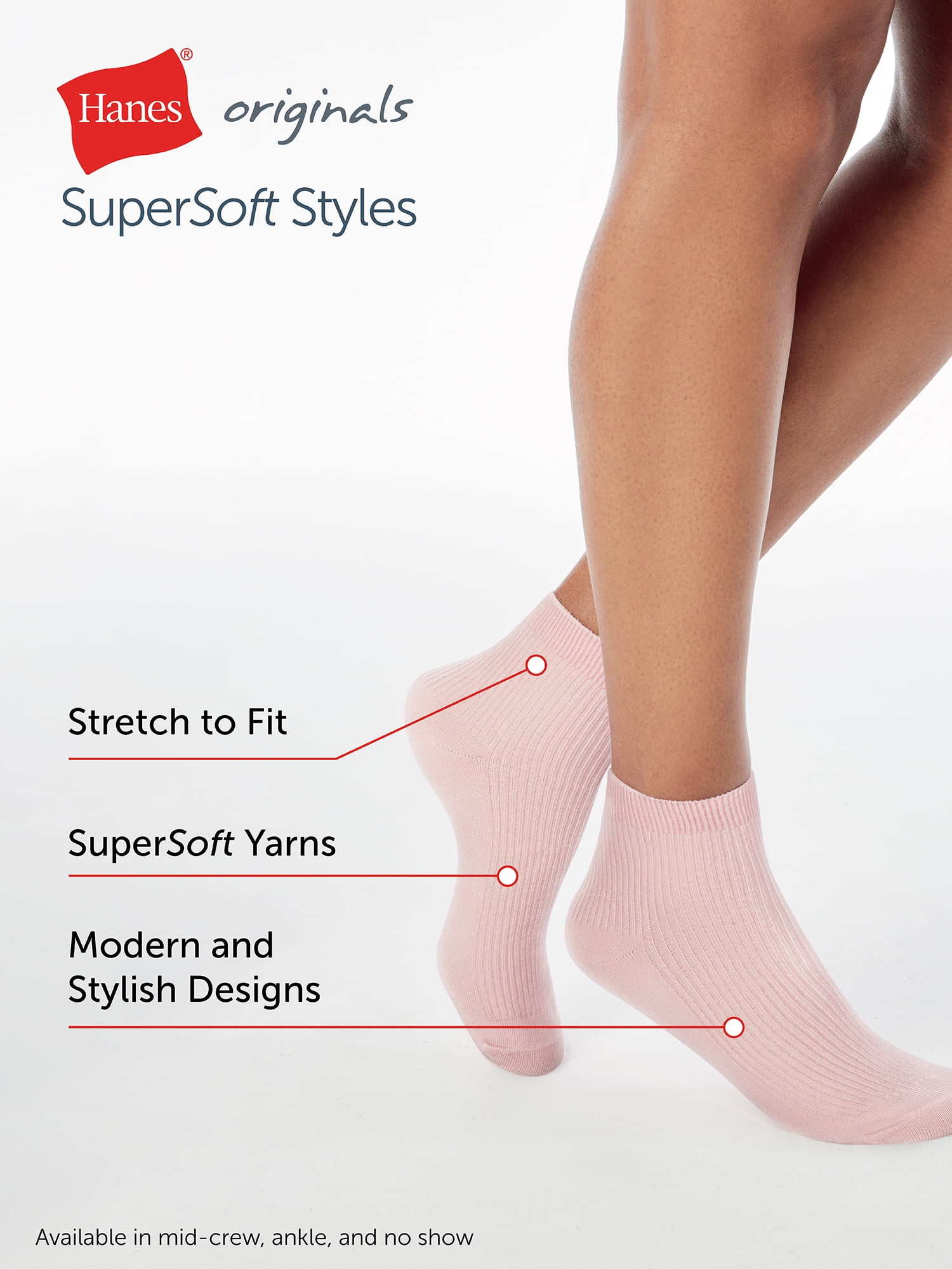 Hanes Women's Mid-Crew Socks, Originals Supersoft, 6-Pack, Size 8-12