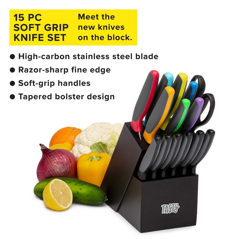Tasty 15 Piece Stainless Steel Block Knife Cutlery Set, Multicolor