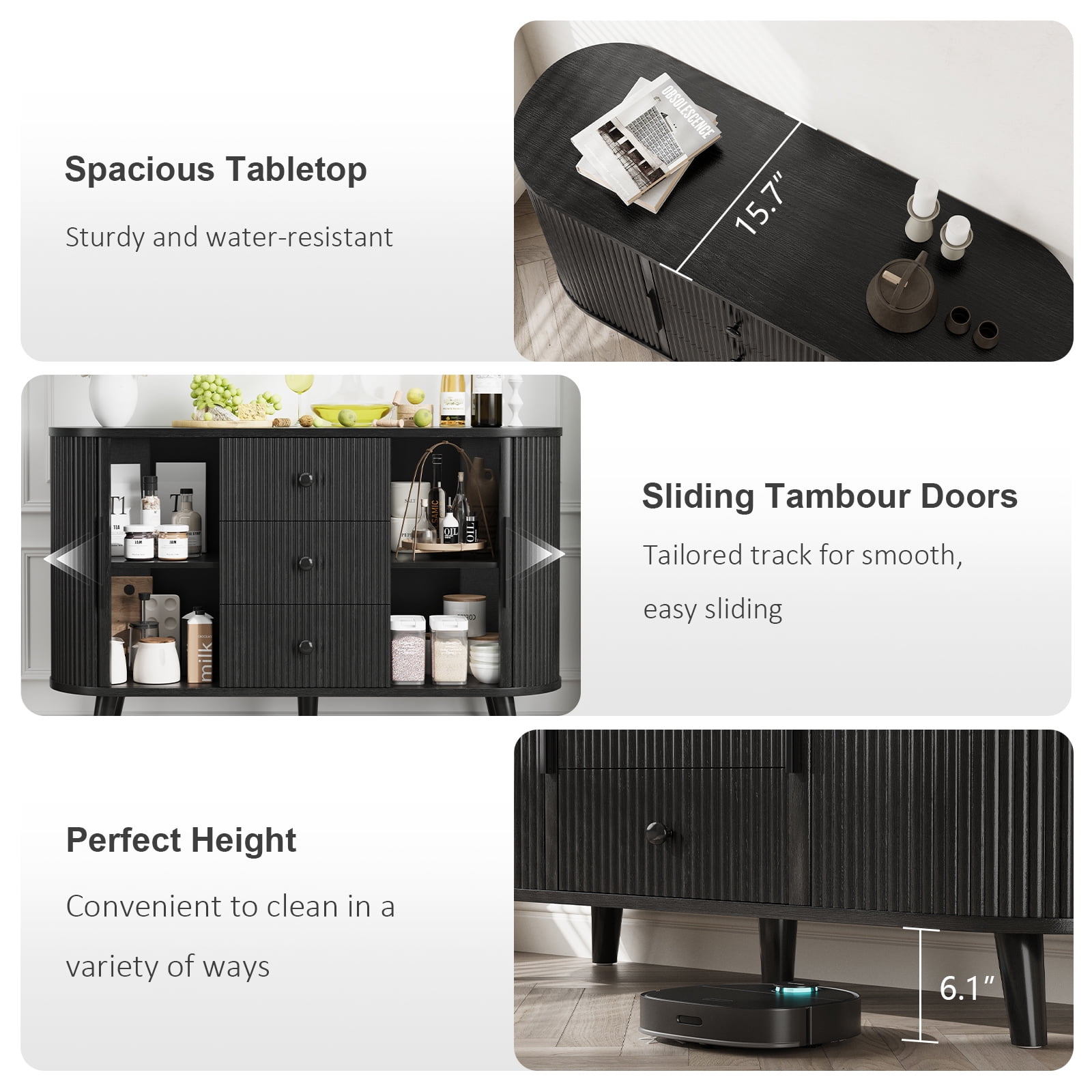 Hommoo Sideboard Buffet Cabinet with 2 Sliding Tambour Doors and 3 Drawers, Credenza Storage Cabinet with Adjustable Shelves for Living Room, Black