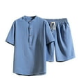 thumbnail image 2 of VBTAPA Mens Cotton Linen 2 Piece Outfits Short Sleeve Button Up Shirt and Drawstring Shorts Matching Set Casual Beach Suit Summer Yoga Outfit Blue XXXL, 2 of 5