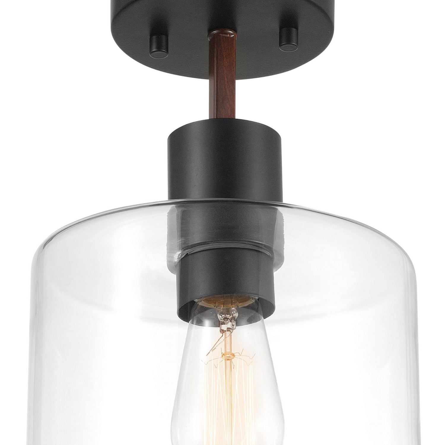 Globe Electric Sedona 1-Light Metal Flush Mount Ceiling Light, Matte Black, Faux Wood Accent, Clear Glass Shade, 60982