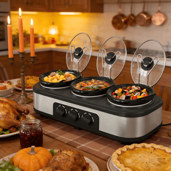 3 Pot Slow Cooker Set, Triple Slow Cooker with 3×1.5QT Removable Ceramic Crocks, 4.5QT Total, Adjustable Temperature for Family Dinner & Party,SL