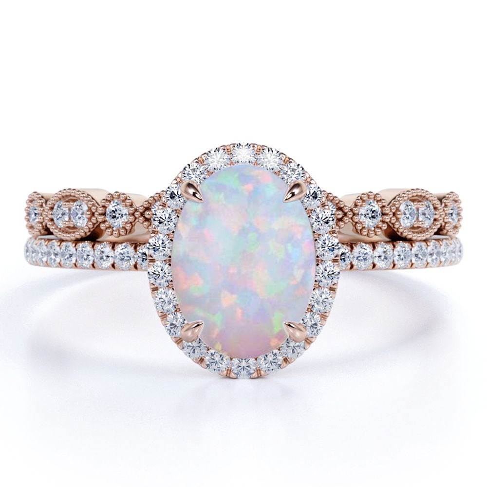JeenMata Vintage 1.75 ct Oval Cut Opal and Moissanite Wedding Ring Set in 18K Rose Gold over Silver
