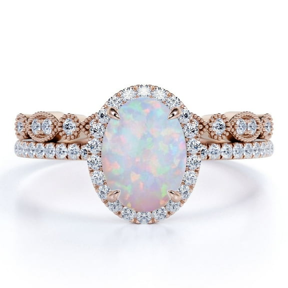 JeenMata Vintage 1.75 ct Oval Cut Opal and Moissanite Wedding Ring Set in 18K Rose Gold over Silver