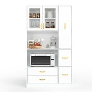 RichYa Modern Freestanding Kitchen Pantry Storage Cabinet with 3 Cabinets and 4 Drawers 2 Microwave Stands White