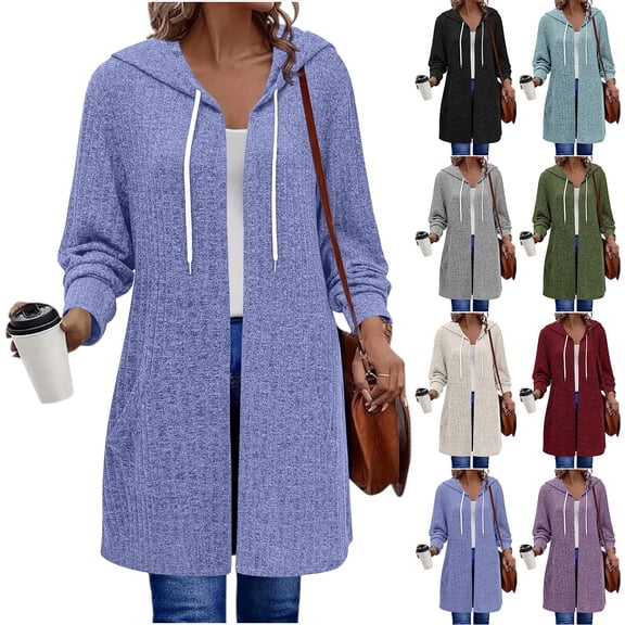 MaFYtyTPR Women's Mid-Length Hooded Zip Up Cardigan Drawstring Long Sleeve Casual Knit Winter Outerwear Coat with Pockets 01-Army Green L