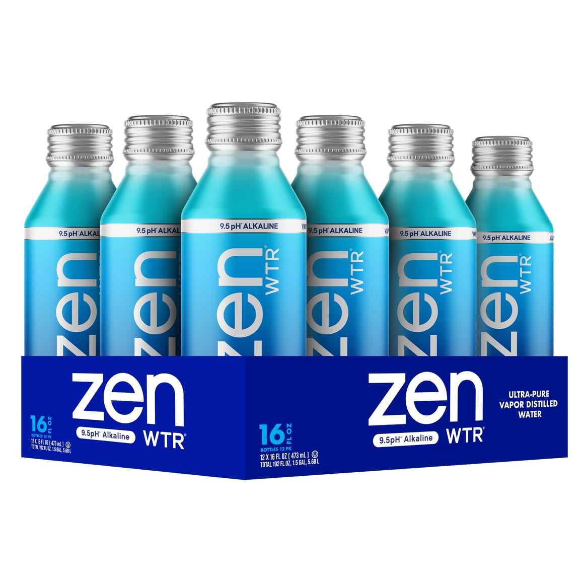 ZenWTR Ultra-Pure, Vapor Distilled Water, 16 OZ (Pack of 12) Bottled Water, 9 pH Alkaline Water with Electrolytes for a crisp, refreshing taste in an infinitely recyclable aluminum bottle.