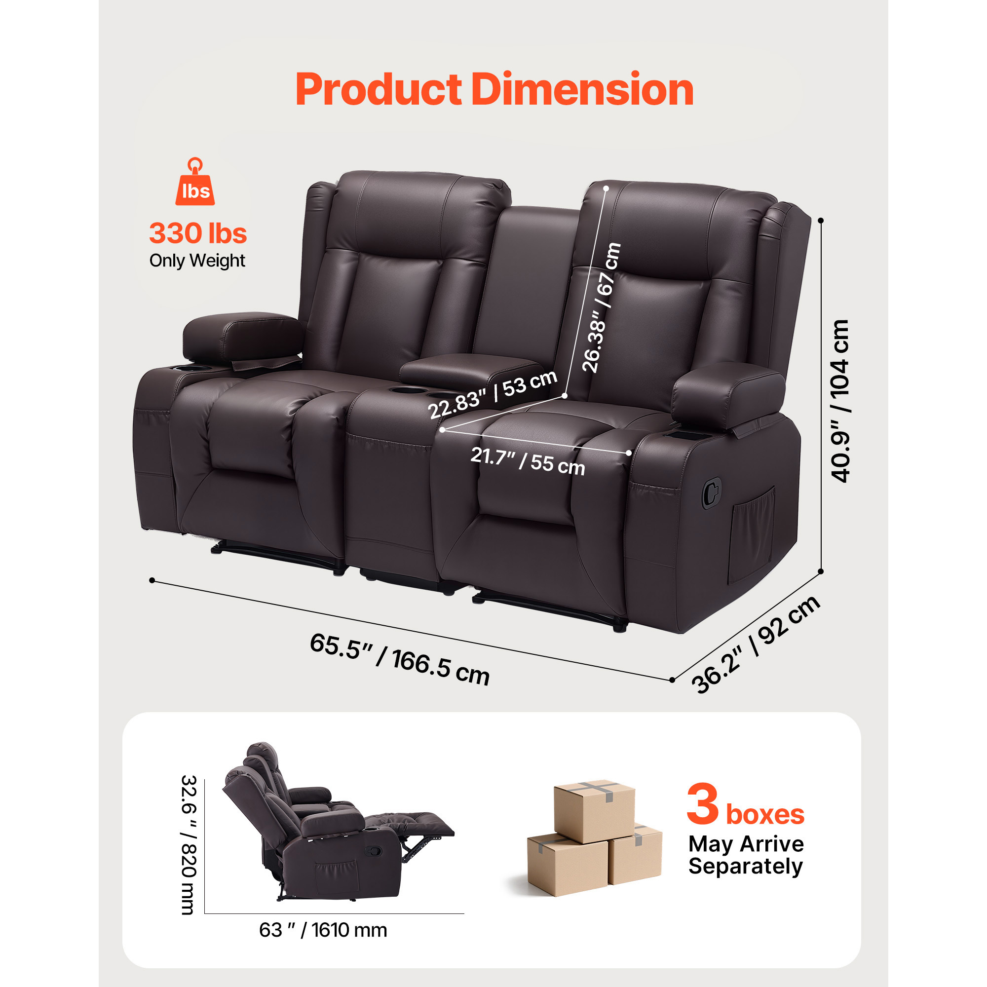 KFFKFF Manual Reclining Loveseat Sofa with Center Console, Faux Leather Upholstery, USB Ports, Cup Holders, and Storage Pockets, Dual Recliner Chair for Living Room or RV, Brown