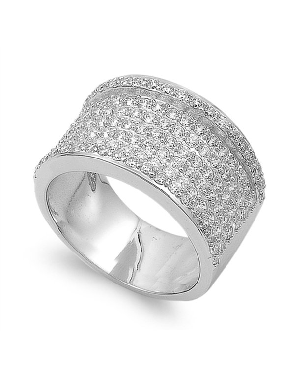 Micro Pave Wide Clear Cubic Zirconia Sparkle Huge Ring .925 Sterling Silver Band White Female Size 9