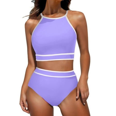BUIgtTklOP Omen s High Waisted Bikini Sets Sporty Two Piece Swimsuits Color Block Cheeky High Cut Bathing Suits