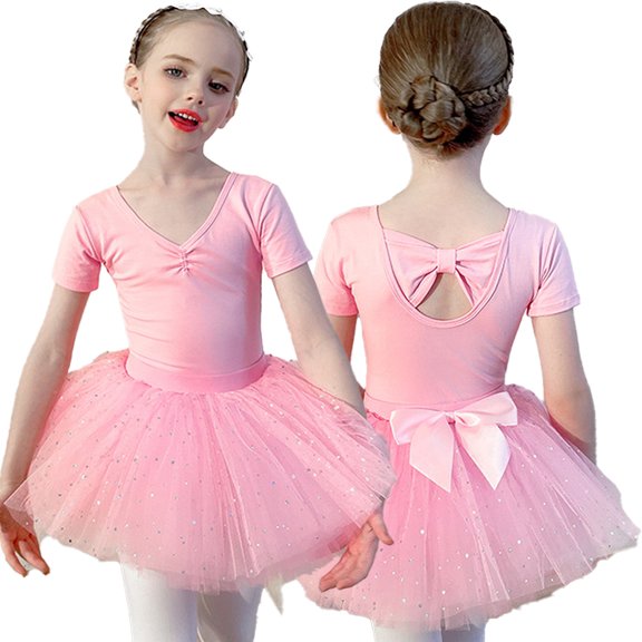 ‌LYMAYTER Girls Ballet Leotard kids Short Sleeve Dance Suit Cute Glitter Dance Dress Outfit 3-11Y
