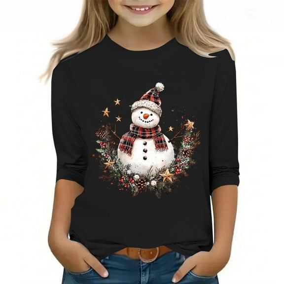 SERTG Kids Tops 3/4 Long Sleeve Round Neck Cute Casual Comfortable Festive Print Everyday Top Christmas Gifts for Boys and Girls 3-12 Years(Black,3-4 Years)