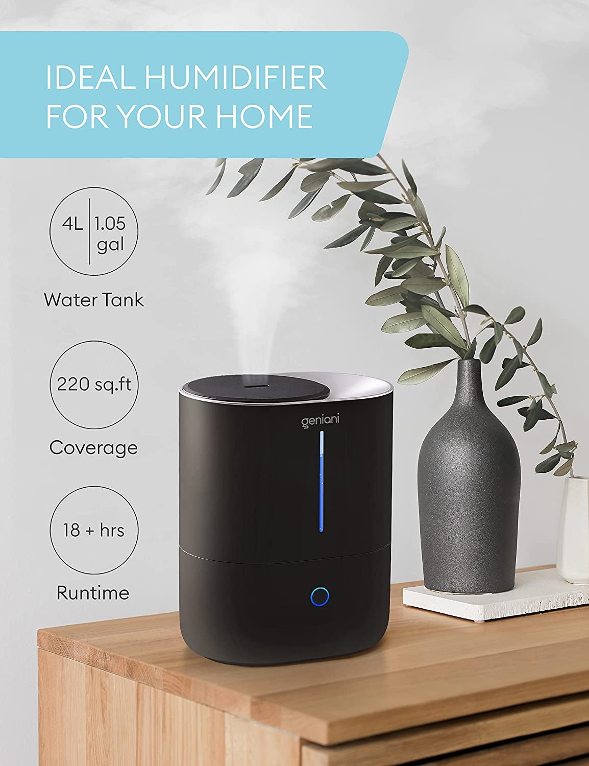 GENIANI Top Fill 4L Cool Mist Large Humidifier Essential Oil Diffuser for Home Smart Aroma Ultrasonic Air Humidifier for Large Room Bedroom Baby Kid Easy to Clean Fill Auto Shut Off Quiet