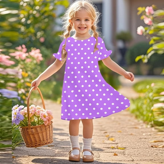 Fatuov Weekend Casual Dress for Kids Girls Funny Printed Crew Neck Ruffled Comfy Dress for Daily Short Sleeve Summer Beach Dress 3-12 Years