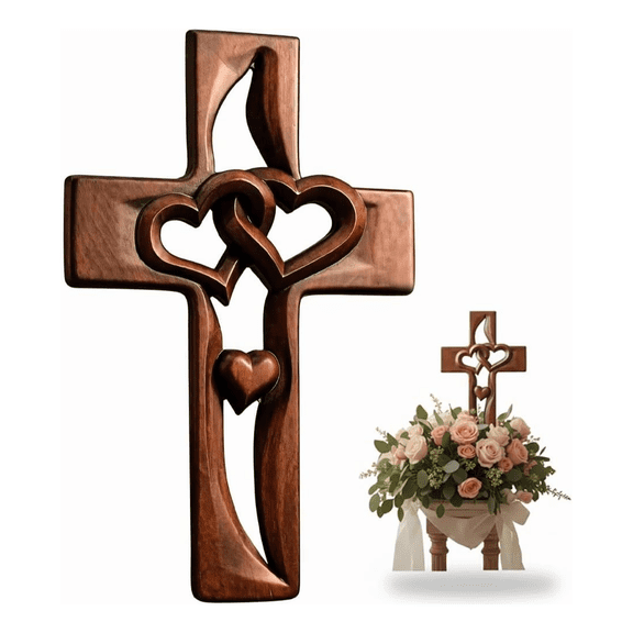 Handmade Wooden Cross with Intertwined Hearts, Hand-Carved Wooden Heart Cross Wall Decor, Marriage Crosses Symbol of Sacred Love for Christmas Wedding Valentine Gift(1pc)