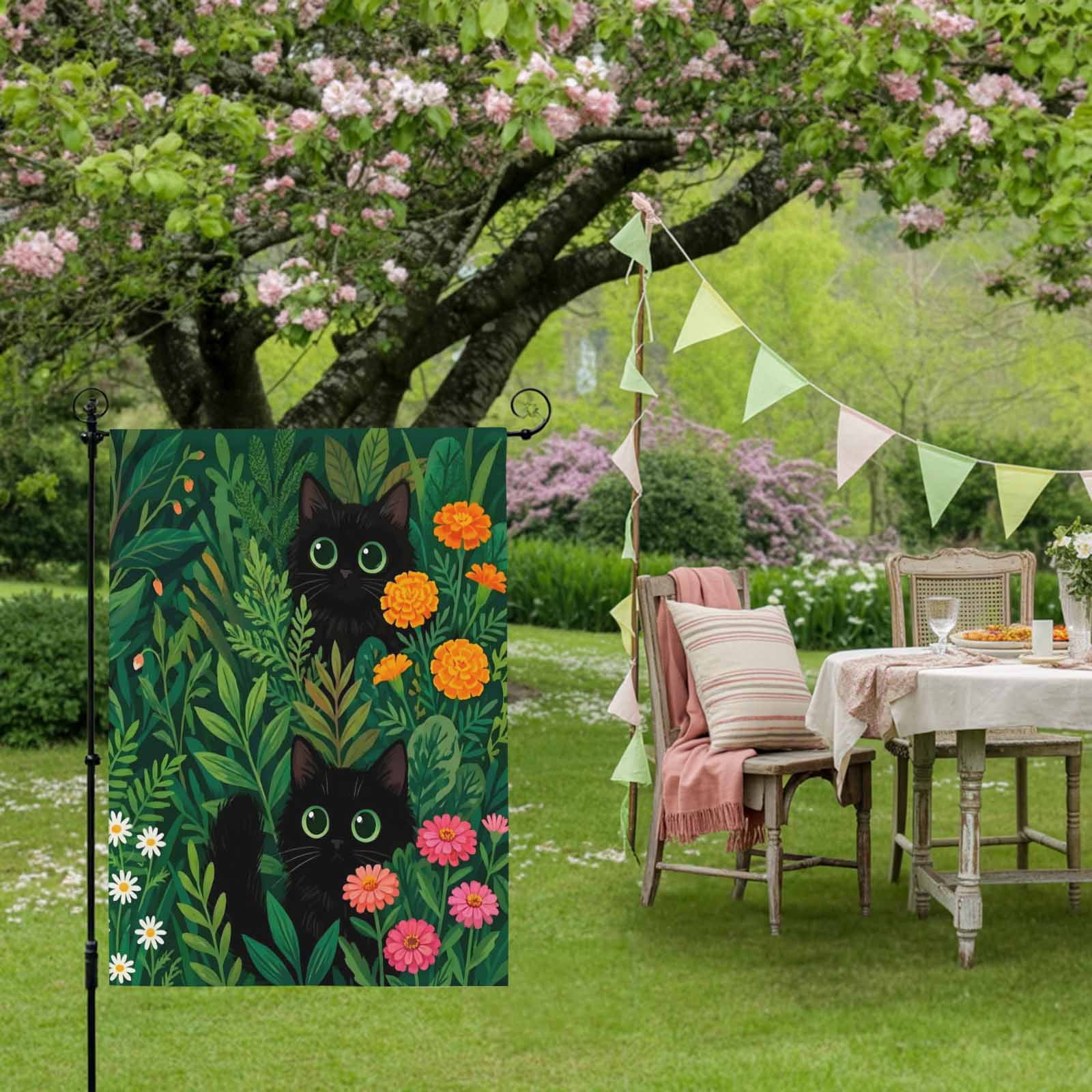 Black Cat House Flag 28 x 40 Inches, Pink Orange Flower Green Grass Spring Daisy Floral Weather Proof Outdoor Patio Flags Double Sided Small House Decoration for Yard Lawn Outside Home