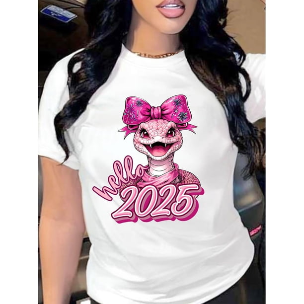 Women's Casual Round Neck Short Sleeve T-Shirt with Hello , Year Of The Snake! Regular Length - All Seasons, Women's Casual Tee For Adult, Men, Women, Teen, Teenager, Adolescent, Youth
