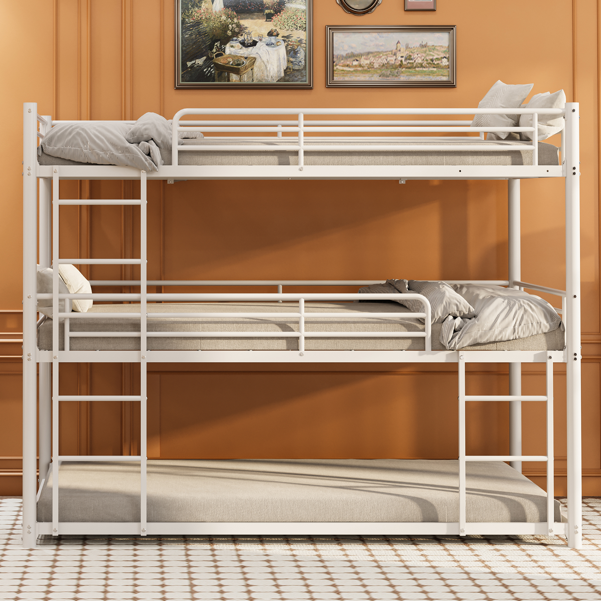Miniyam Twin over Twin over Twin Metal Bunk Bed with Ladder and Guardrails, Steel Space-Saving Bed for Kids, White