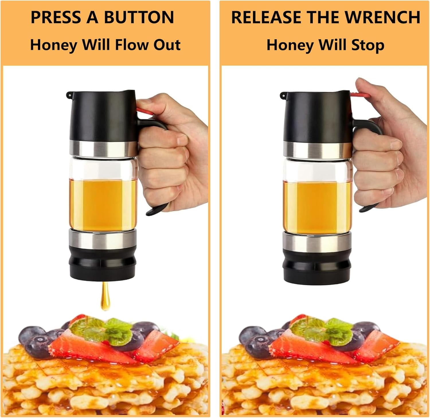 Glass Honey Dispenser Pot: 9 OZ Honey Dispenser No Drip with Handle, Maple Syrup Dispenser, Durable Clear Honey Jar with Silicone Base, Honey Pot for Coffee or Tea (Black)