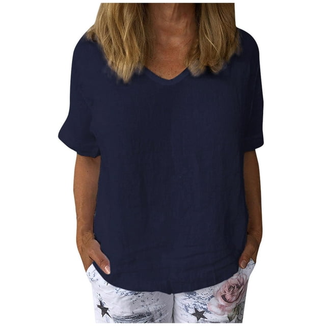 PENGXIANG T-Shirt Décontracté en Coton et Lin Col Rond Manches Courtes Blouse Tops T-Shirt pour Femmes
