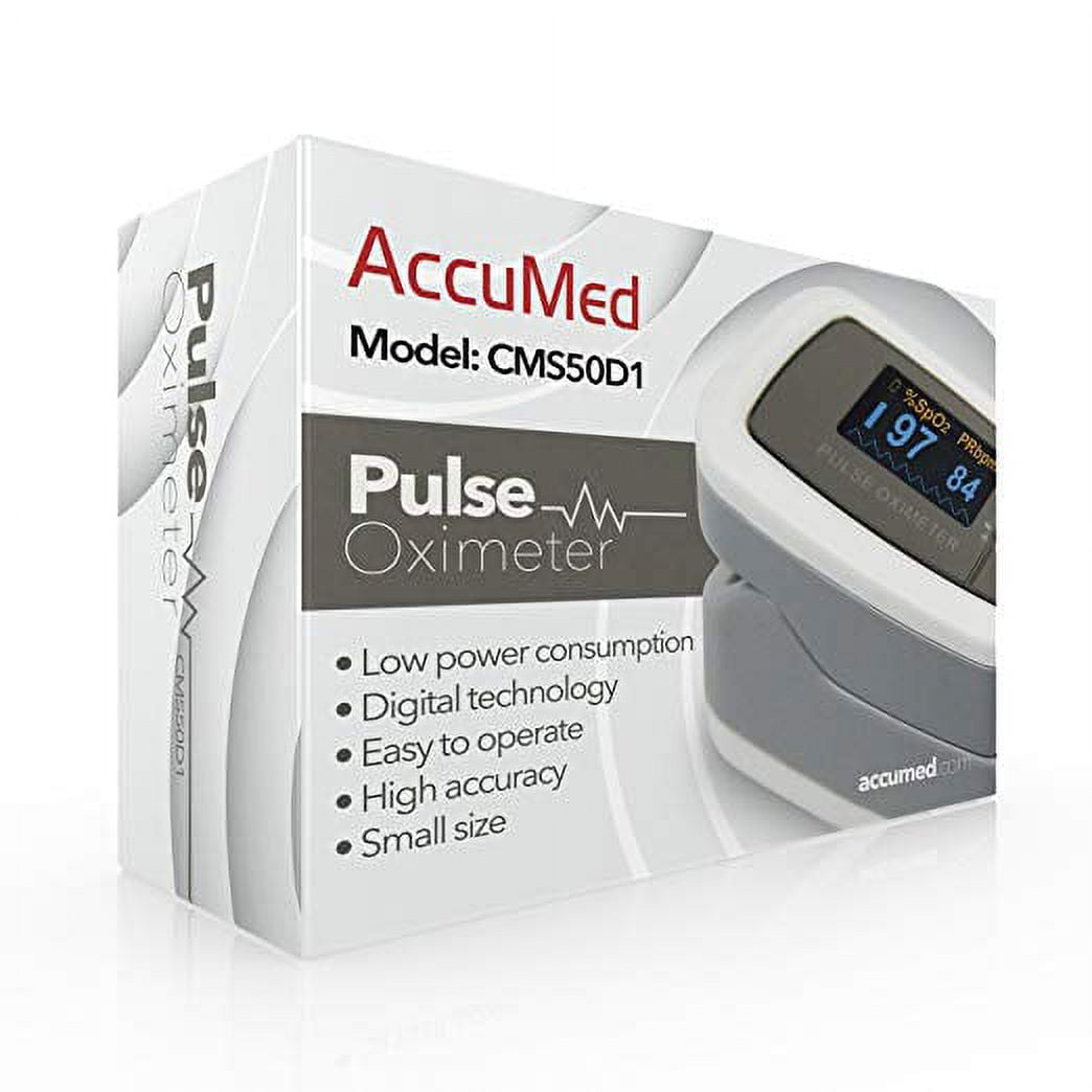 AccuMed CMS-50D1 Finger Pulse Oximeter Blood Oxygen Sensor SpO2 for Sports and Aviation. Portable and Lightweight with LED Display, 2 AAA Batteries, Lanyard and Travel Case (White)