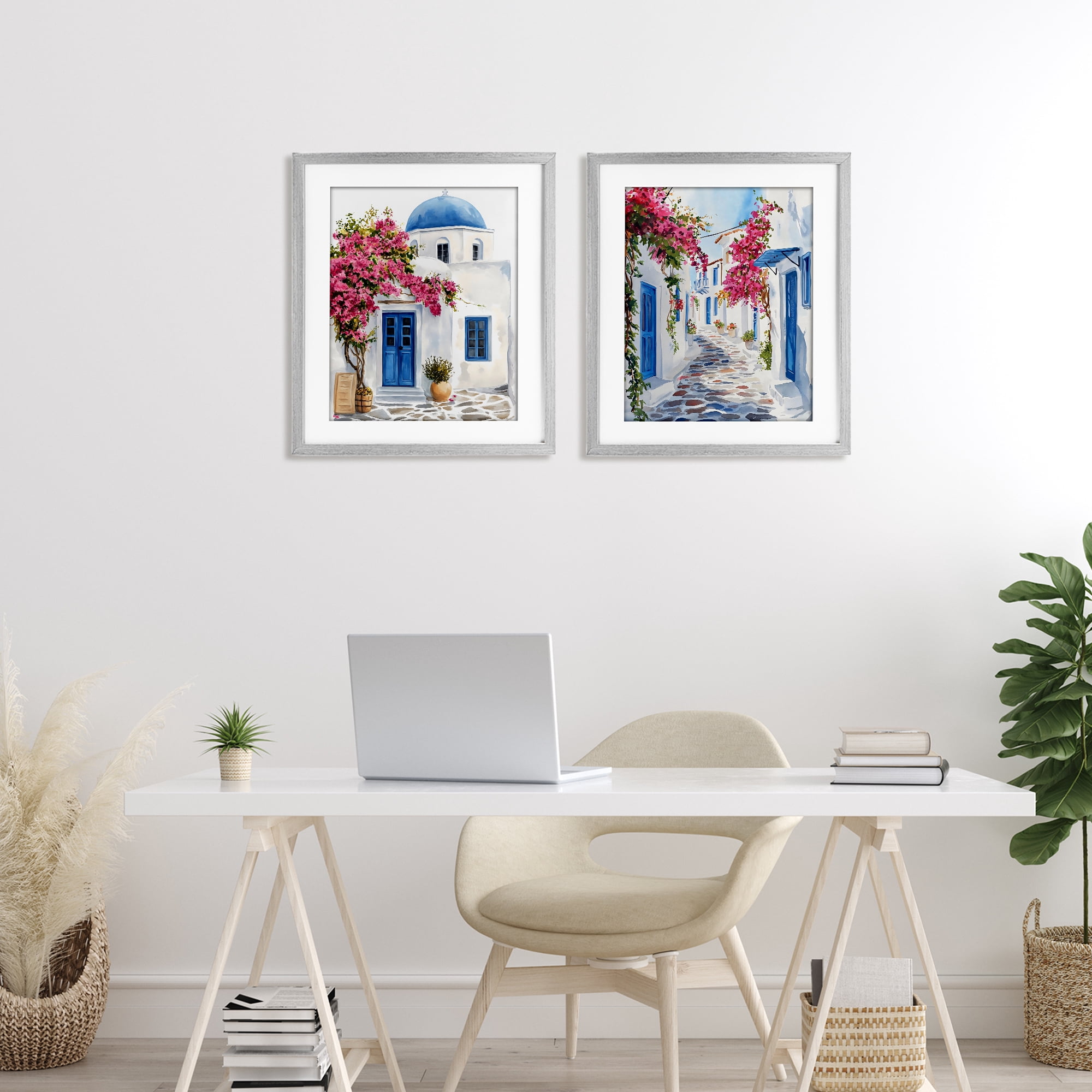 Stupell Industries Santorini House with Pink Tree 2 Piece Gray Framed Print Under Glass Set, design by LSR Design Studio