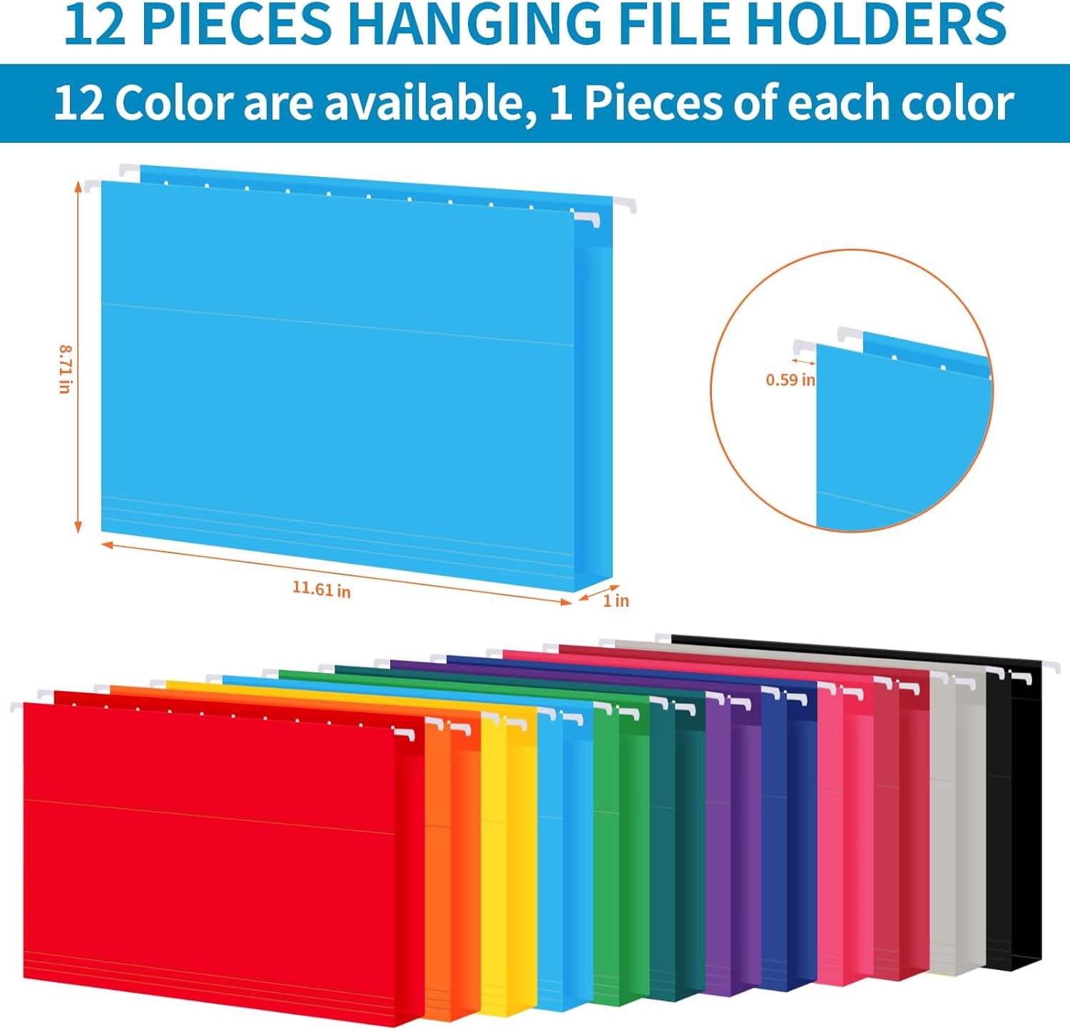 12 Pack Hanging File Folders, Letter Size with 1/5-Cut Adjustable Tabs, 12 Selected Color - File Folder Organizer for Filing Cabinet Office Home, Designed for Bulky Files, Medical Charts