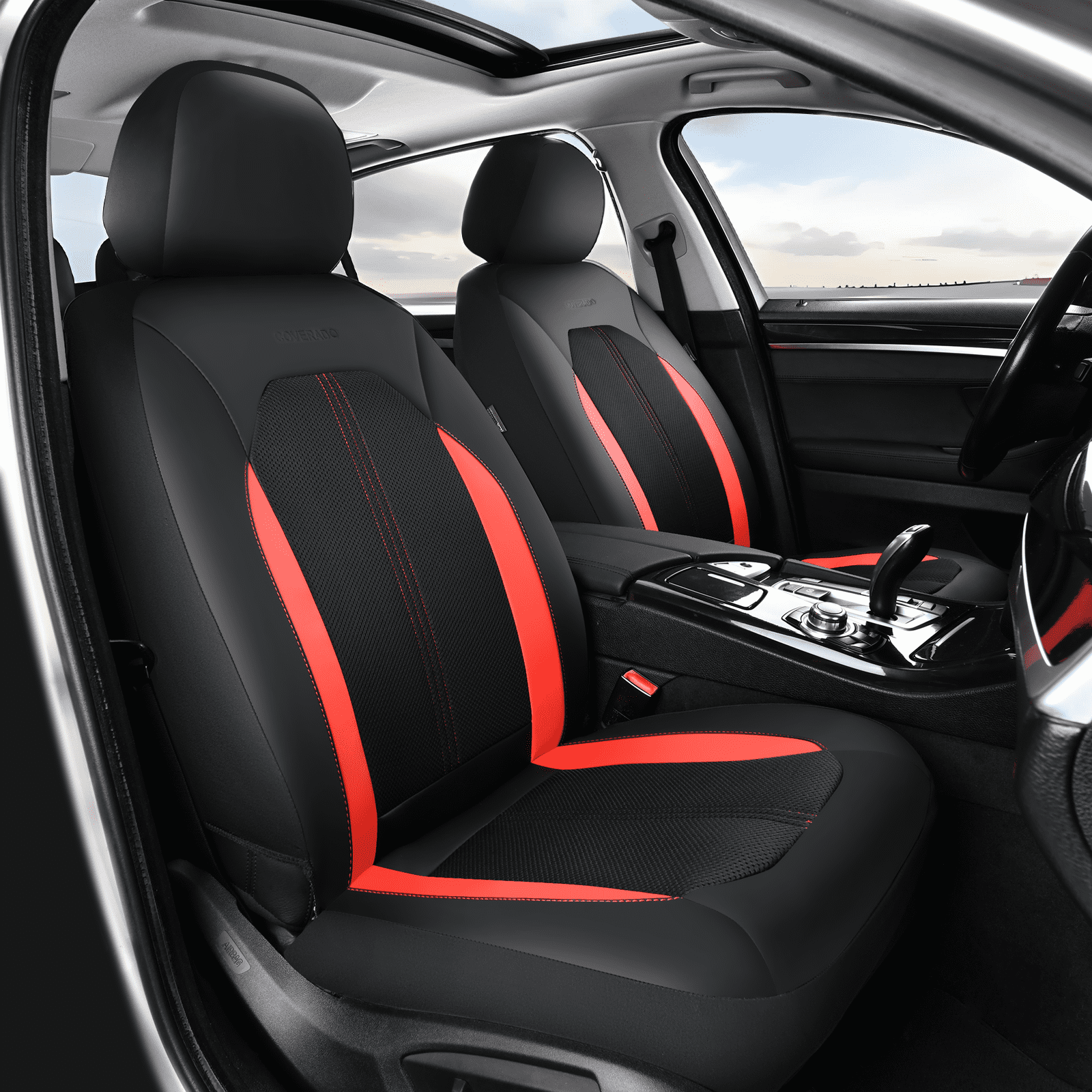 Coverado Full Set Car Seat Covers, Premium PVC&Fabric Material Seat Protectors, Universal Fit for Most Cars, Black&Red
