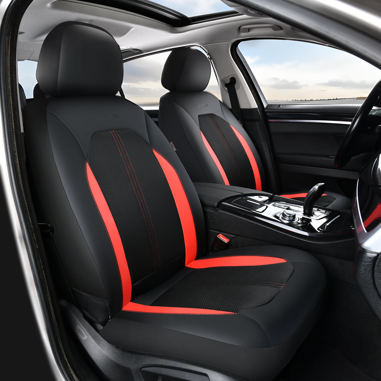 Coverado Premium PVC & Fabric Car Seat Covers, Black & Red photo 2