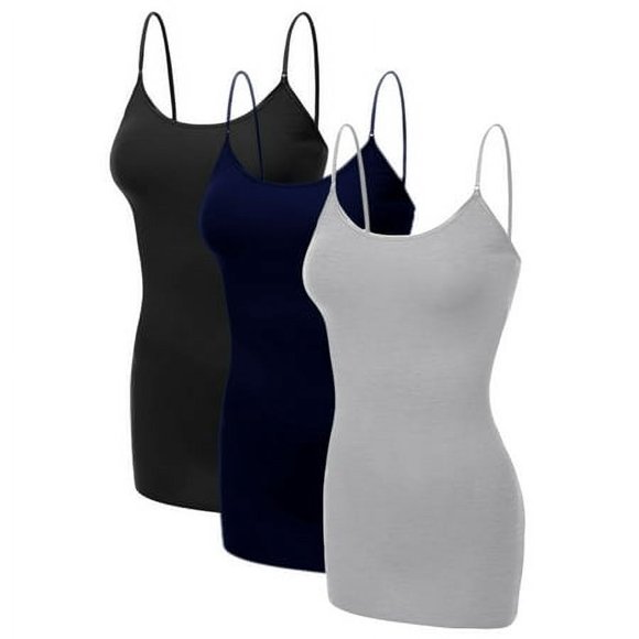 Emmalise Womens Basic casual Long camisole cami Top Value combo - 3Pk - Black, Hgray, Navy, Medium