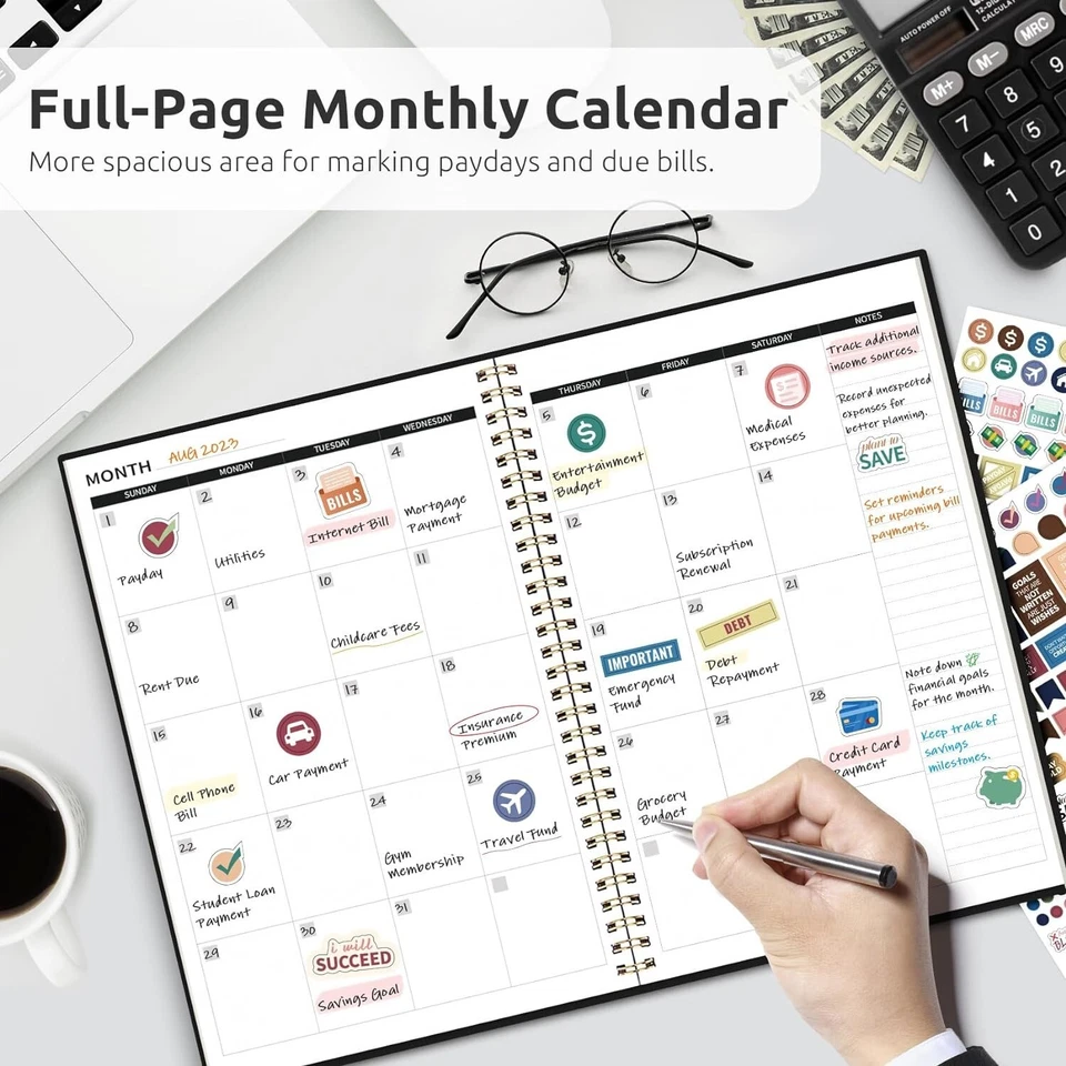 Durable Black Budget Planner With Stickers - Track Expenses & Reach Goals